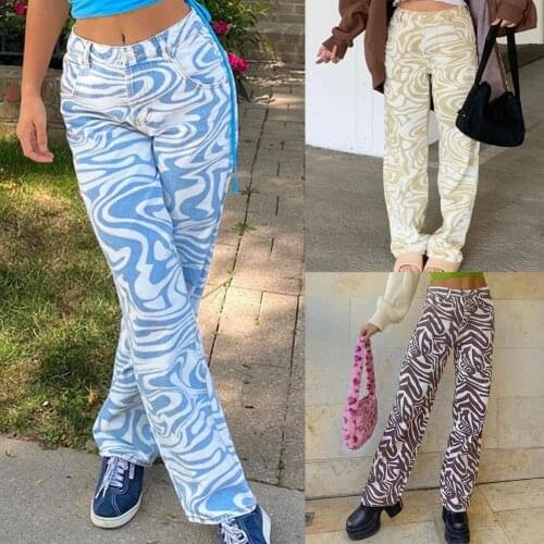 2021 Zebra Pattern High Waist Womens Jeans Streetwear Trousers Skin-friendly Cotton Blend Slim Baggy Denim Jeans for Daily Wear