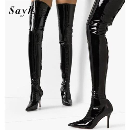 Woman Winter Over Knee High Boots Sexy Lady Shiny Patent Leather Clubwear Boots Pointy Toe Shoes Thick Heel Knight Riding Boots