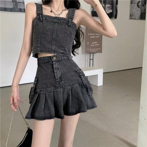 2021T Sexy Women Two Piece Set Summer Denim Sleeveless Jeans Crop Top Shorts Suit BLACK Outfit