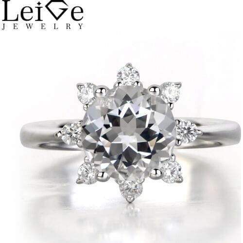 Leige Jewelry Silver White Topaz Ring Round Cut Natural Gemstone Wedding Rings for Women Sterling Silver 925 Anniversary Gift