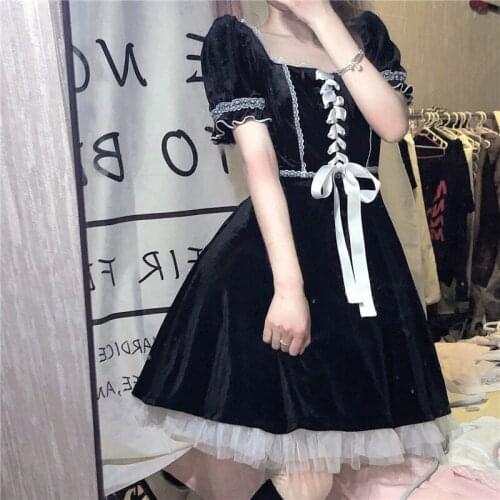 Japanese Women Lolita Dress Summer Square Collar Bandage Lace Up Bow Gothic Dress Kawaii Ruffles Black Cosplay Dresses Vestidos