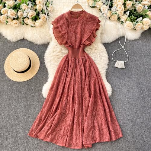 2021 Spring Summer Womens Dress French Solid Color Pleated Ruffle Lace Dress New Waist Slimming Female Dresses HH516