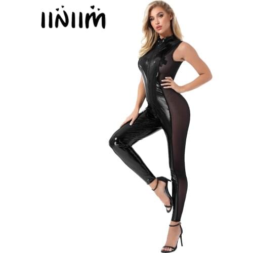 Womens Patent Leather Clubwear Sheer Mesh Patchwork Wet Look Bodysuit Zipper Leotard Sleeveless Catsuit Party Pole Dance Costume