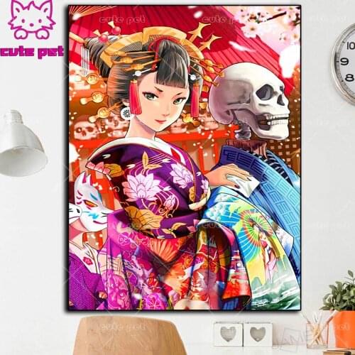 Home Decor Diamond Painting Japanese kimono woman and skull Diamond Mosaic Sale Rhinestones Cross Stitch Embroidery Full Display