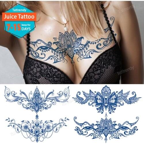 Juick Ink Waterproof Temporary Tattoo Sticker Chest Lace Henna Mandala Tattoos Wolf Diamond Flower Body Art Fake Tatoo Women Men