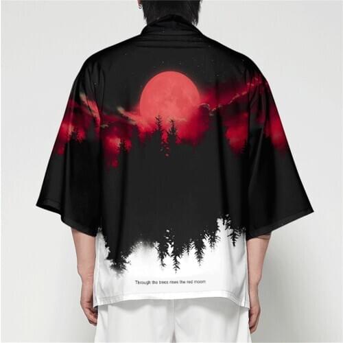 Forest Painting Print Casual Kimono For Men Cardigan Three Quarter Sleeve Open Front Print Collarless Tops Casual Moon Shirts