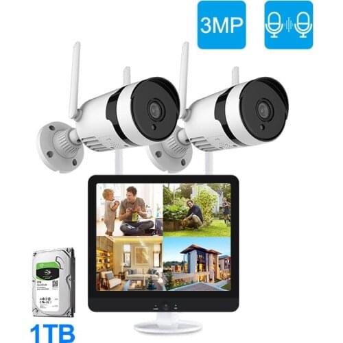 3MP CCTV Video Surveillance Kit Home Security Camera System 12 Inch Monitor NVR Kit 1920P Outdoor Night Vision WiFi Camera