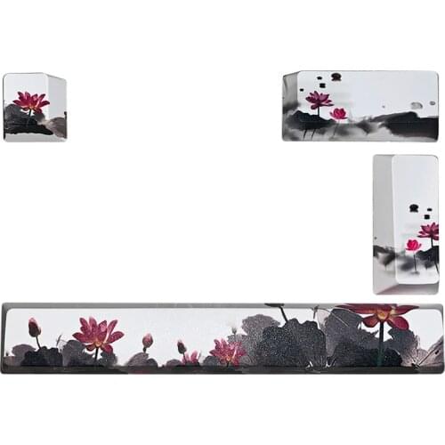 4 Keys/lot PBT Cherry Profile Keycap Five Sided Hot Sublimation Key Cap for Mechanical Keyboard Space ESC Button Ink Lotus Pond
