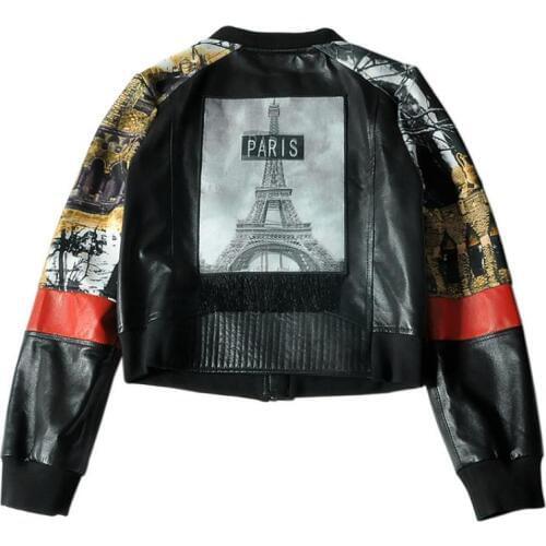 Genuine leather jackets female sheepskin patchwork printed baseball uniform round neck casual short leather jacket coat F1434