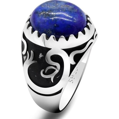 Men Ring with Natural Blue Lapis Lazuli Stone 925 Sterling Silver Domineering Drogan Male Women Rings Turkish Energy Jewelry