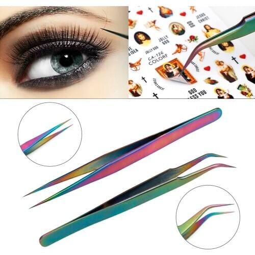 Lash Eyebrow Tweezers Eyelash Extension Colorful Nails Decor Picker Stainless Steel Superhard Tweezers Manicure Makeup Nail Tool