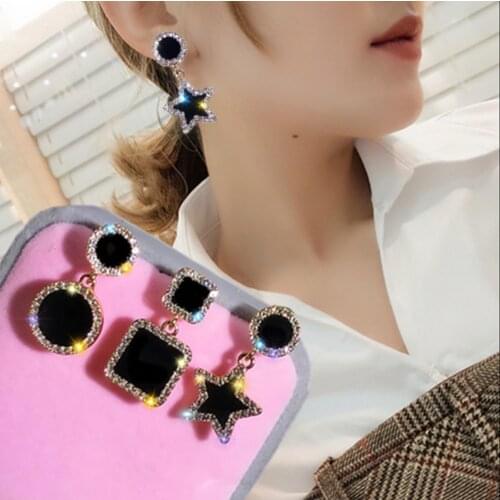 Ladies Fashion Crystal Luxury Black Round Square Geometric Earrings Rhinestone Tassel Earrings New Jewelry Party Gift Ear Stud