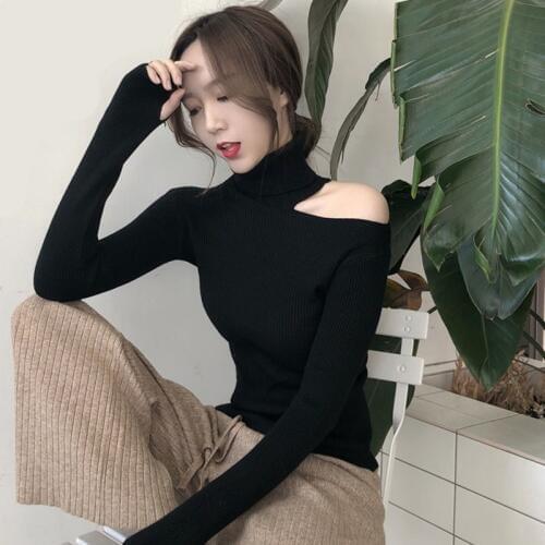 2020 women sweater autumn winter new Sexy shirt Korean version Slim fit pullover sweater hollow open neck turtleneck sweater