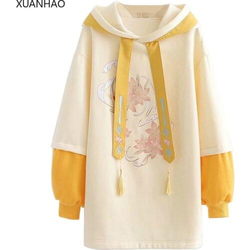 XUANHAO Floral Embroidery Long Hoodies Sweatshirt Women Hooded Pullover 2020 Thick Warm Fashion Drawstring Female Sweatshirts