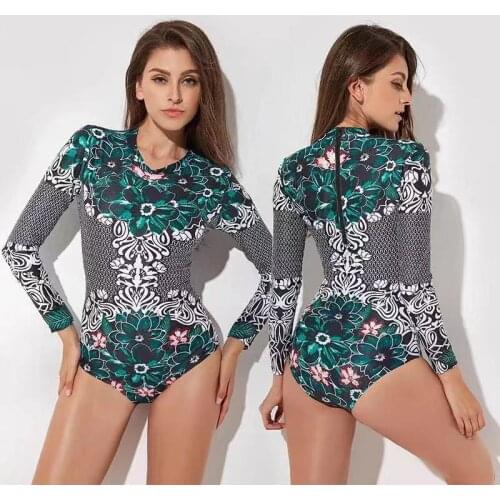 2019 Long Sleeves Swimsuit for Women Rash Guard Floral Printed Surfing Rashguard One Piece Swimwear Bathing Suit