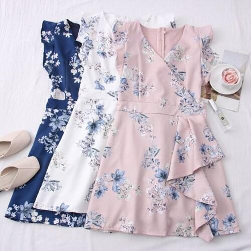 2021Women Summer Dress Slim V-neck Sleeveless Dress Printed Flowers Above Knee Dress Ladies Casual Summer Empire Mini Dress