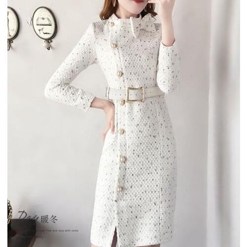 New Arrival Fitted Elegant Women Dress Pearl Button Tweed Dress Sexy Split Long Sleeve With Belt Pencil Dress Plus Size S-XL