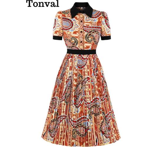 Tonval Turn Down Collar Button Up Multicolor Print Women Pleated Dresses Short Sleeve Christmas Elegant Party Dress 2020 New