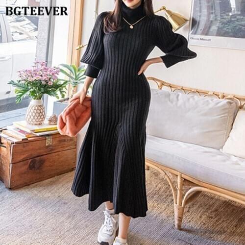 BGTEEVER Winter Thicken Warm Turtleneck Sweater Dress for Women Elegant Lantern Sleeve Belted Female Mermaid Knitted Dress 2020