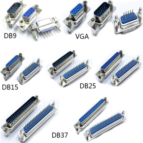 10Pcs Male/Female Blue Straight Pin DB9 DB15 DB25 DB37 VGA D-sub PCB Mount RS232 Serial Port Connector Socket With Screw Nuts