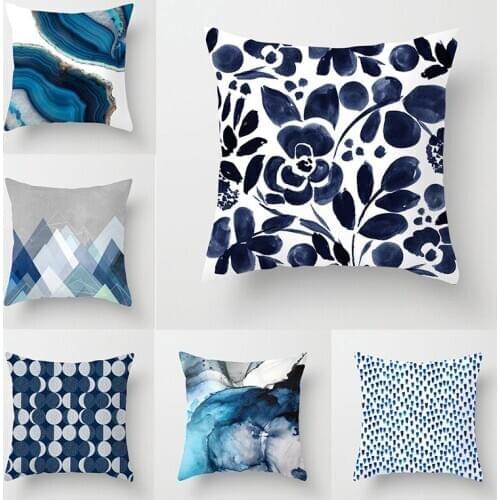 Watercolor Blue Cushion Cover Abstract Mable Geometric Pattern Sofa Pillow Cases Bedroom Home Decor Car Office Decorative