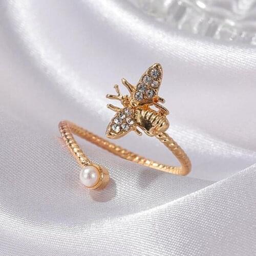 Little Bee Ring Index Finger Resizable Pearl Rings For Women New Gold Color Lively Personality Bee Ring Anel Anillos Aneis N202