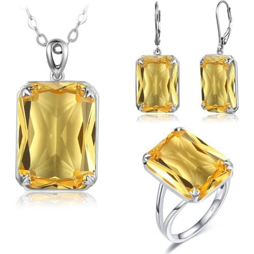 Real Jewelry Sets Silver 925 Womens 925 Sterling Silver Necklace Set Pendant Earrings Ring With Citrine Gemstones Fine Jewelry