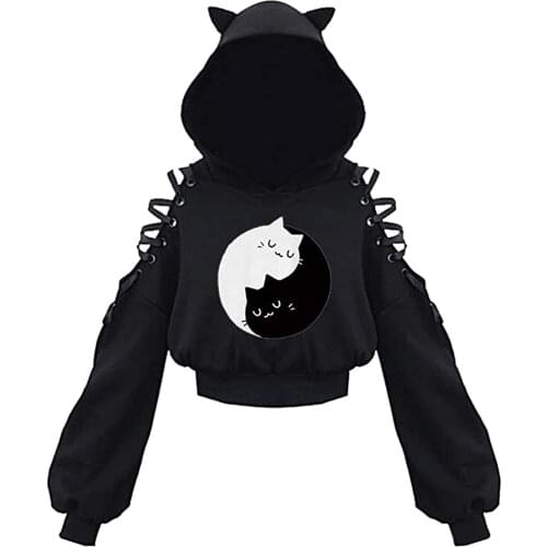 2021 New Dark Wind WomenS Fashion Print Hoodie Cat Ear Sweater Casual Hollow Bandage Long Sleeve Cocktail Loose Hoodie
