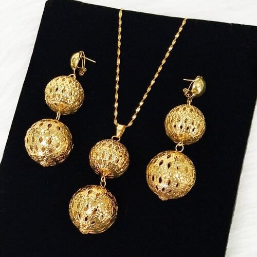 Copper gold necklace set drop long earrings round sexy jewelry for women wedding gift young lady accessories big light weight