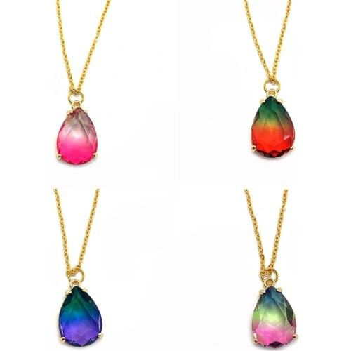 Natural Stone Crystal Necklace Pendant Lady Color Gradient Crystal Drop Shape Pendant Clavicle Lady Metal Chain Simple Jewelry