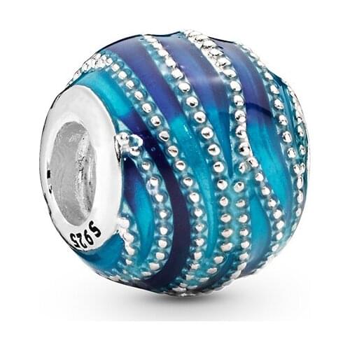 Fits Pandora Bracelet 925 Sterling Silver Blue Swirls Charms Mixed Enamel Beads Original Jewelry Making Berloques