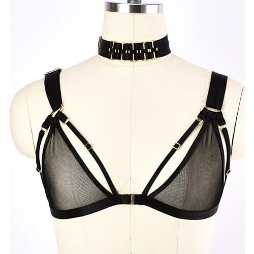 Sexy Mesh Bra +Black Neck Collar Body Harness Belt Women Bondage Harness Perspective Lingerie Goth Rave Body Cage Harness Bra