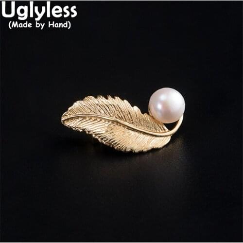 Uglyless Elegant Men Pearls Brooches Gold Feather Leaf Pins Brooches for Women Unisex Dress Jewelry 925 Silver Pearls Bijoux