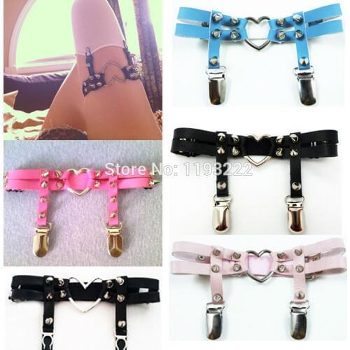 2 Style Big Heart Handmade Sexy Punk Gothic Sock Stocking Heart Garter Belt Double Row Studded Suspender Leg Ring
