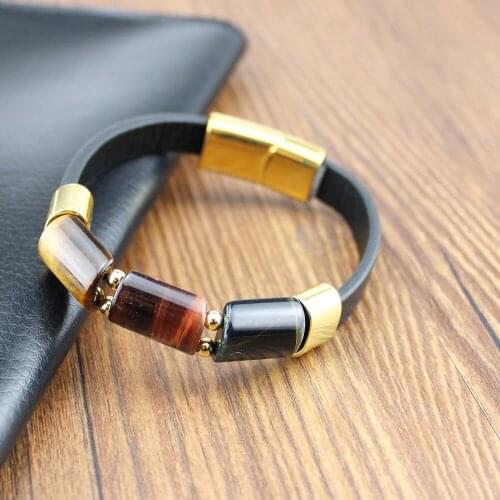 2021 new European and American fashion leather rope agate three stone bracelet mens tricolor