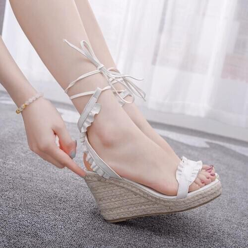 Crystal Queen Summer Wedge White Woman Sandals Open Toe Rome Gladiator Shoes Ladies Casual Lace Up Female Platform High Heels