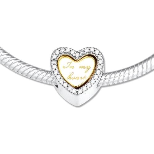 New 925 Sterling Silver In My Heart golden beads charms for jewelry making fit Charm bead Bracelet necklaces DIY fashion Jewelry