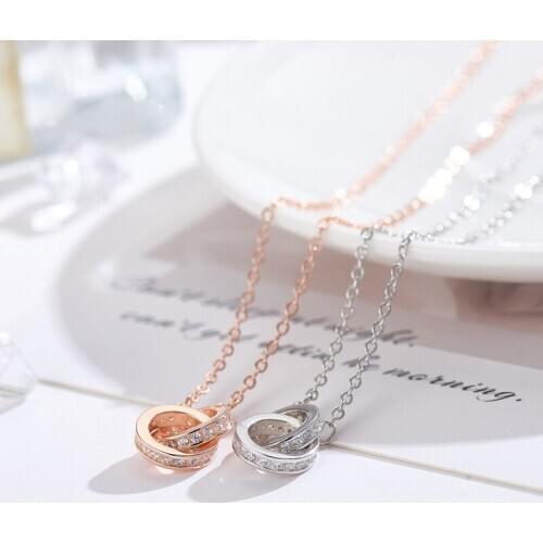 TIMEONLY Elegant Double Circle Shinning Rhinestone Pendant Necklaces for Women Ladies Charm Necklace Small Link Chain Jewellery
