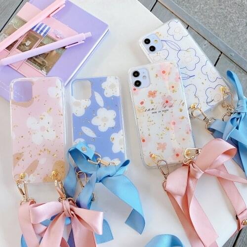 Epoxy Glitter Gold Sequins Case for iPhone 12 Mini 11 Pro XS Max XR 7 8 Plus Fashion Flower Hanging Rope Crossbody Strap Cover