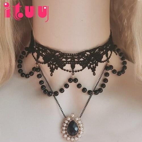 Handmade Black Lace Pearl Gem Pendant Necklace Gorgeous Vintage Rococo Style Lolita Collarbone Chain