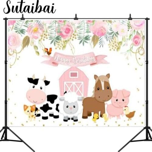 Cartoon Farm Animals Happy Birthday Photography Backdrop Pink Flowers Floral Barn Girls Child Background Party Decoration Banner