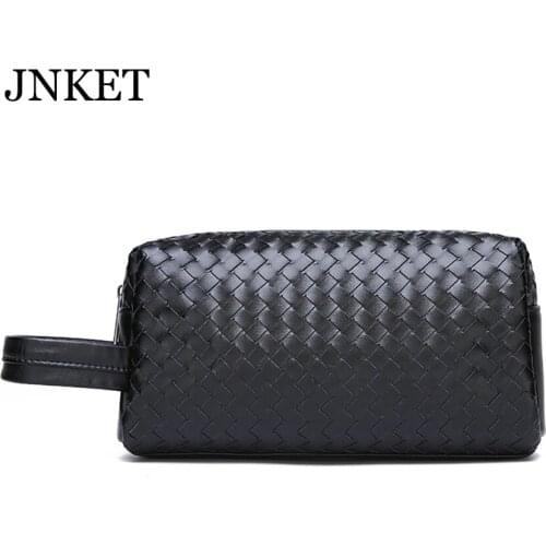 JNKET New Mens Woven Cowhide Clutch Bags Multifunction Business Bag Long Wallet Large Capacity Zipper Handbag