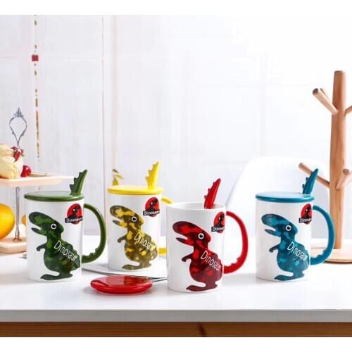 Ceramic Mug 3D Dinosaur Shape Hand Painted Animals Mug with lid Ceramic Coffee Cup Milk Tea Mug with spoon ,Birthday Gifts