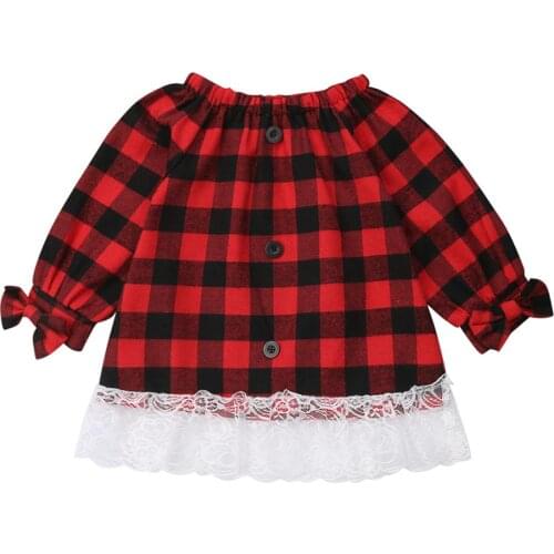 Korean Spring Autumn Dresses Children Girl Cotton Lace Bow Long Sleeve Round Collar Clothes Retro Princess Plaid Printing Dress
