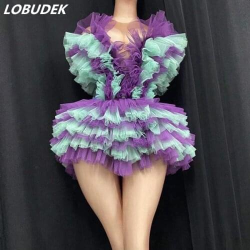 Stage Tutu Short Dress Women Singer Sexy Dance Wear Mesh Splicing Color Mini Outfits Birthday Celebrate Party Prom Show Clothes