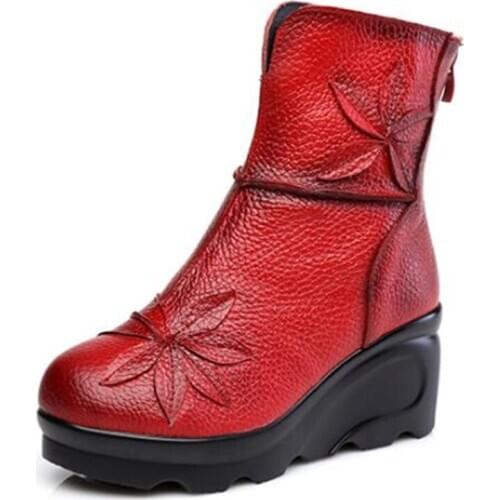 Hot 2021 New Autumn Winter Flowers Genuine Leather Boots Non-slip Wedges High Heel Boots Fashion Shoes Martin Boots Women Boots