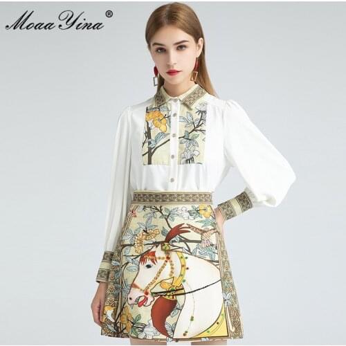 MoaaYina Fashion Designer Set Autumn Women Long Sleeve Blouses Tops+Beading Sequined Print Skirt Vintage Two-piece suit