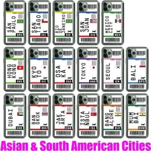 Asian South South American Cities Passenger Airline Ticket For iPhone 12 11 Pro 7Plus 8 8Plus X XS Max XR Soft Clear Phone Case