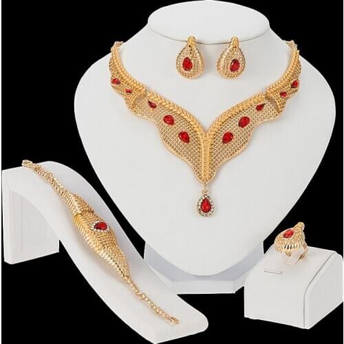 Nigerian Wedding Bridal African Gold Color Jewelry Set Dubai Imitated Crystal Necklace Bracelet Drop Earrings Ring Sets Gifts