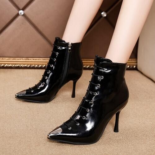 2020 Autumn Winter Shoes Woman Patent Leather Ankle Boots Sexy Pointed Toe Thin Heels Boots Fashion Ankle Boots High Heels Shoes